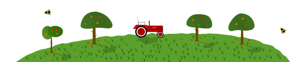 Zeichnung einer Streuobstwiese mit einem Traktor und vier Bäumen darauf. Ein paar Äpfel sind zu sehen.