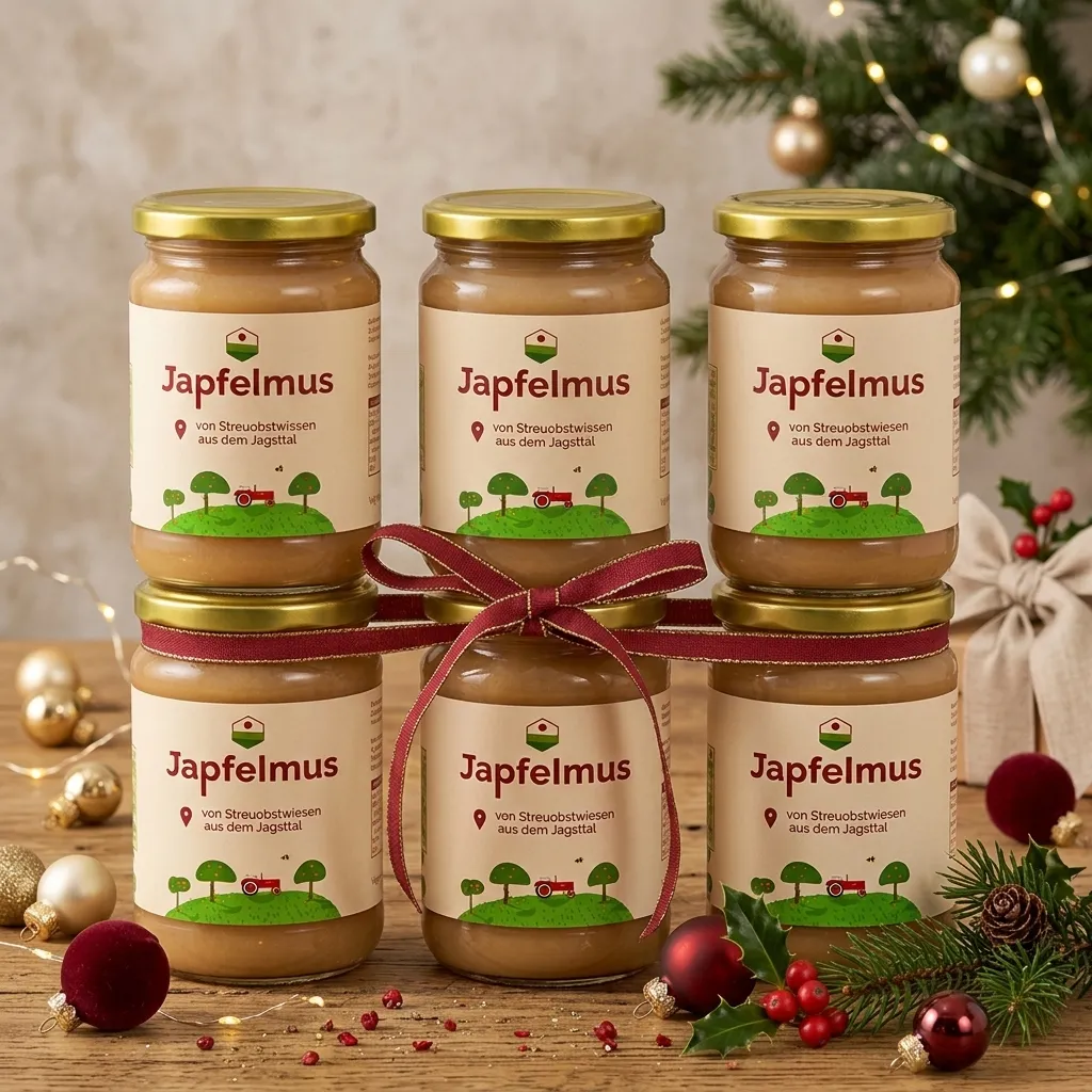 Sechs Gläser Japfelmus mit roter Schleife, umgeben von Weihnachtsdekoration